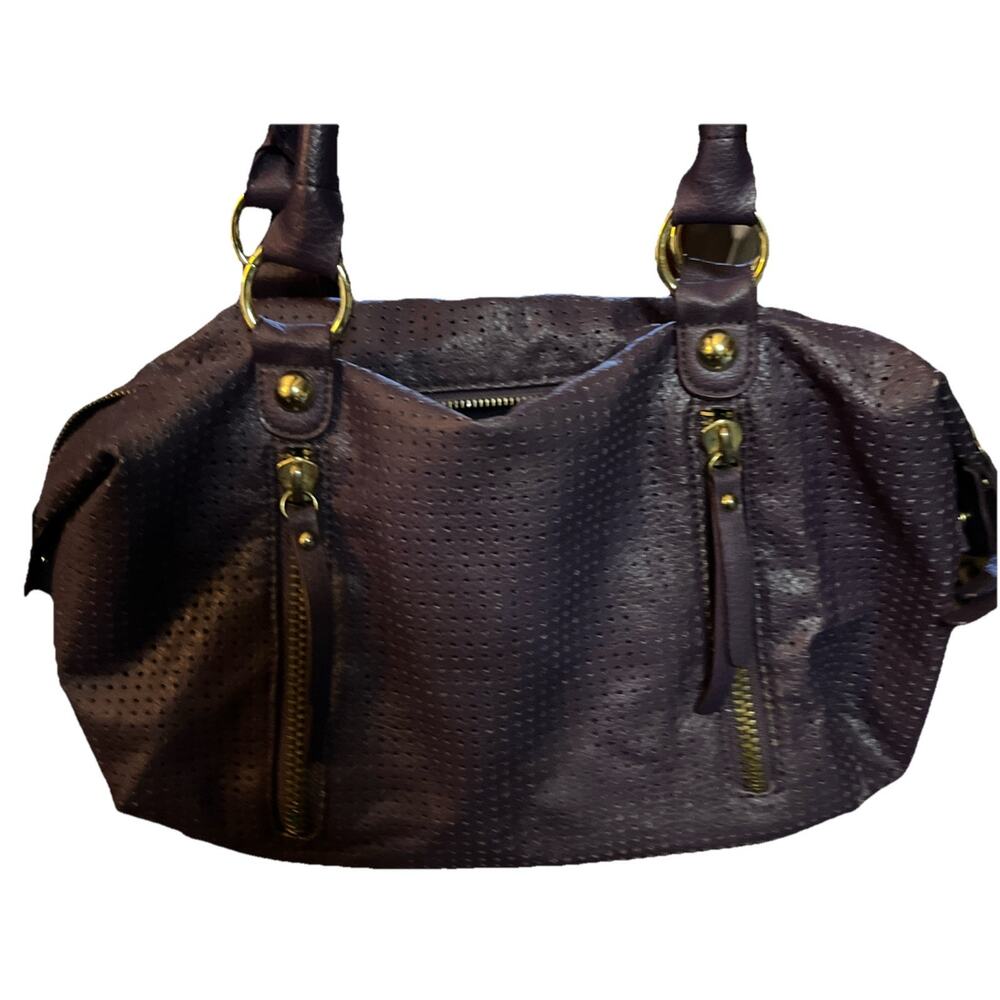 LP Purple faux Leather Perforated Two Handle Shoulder Bag. Zip Closure 12”x9”m